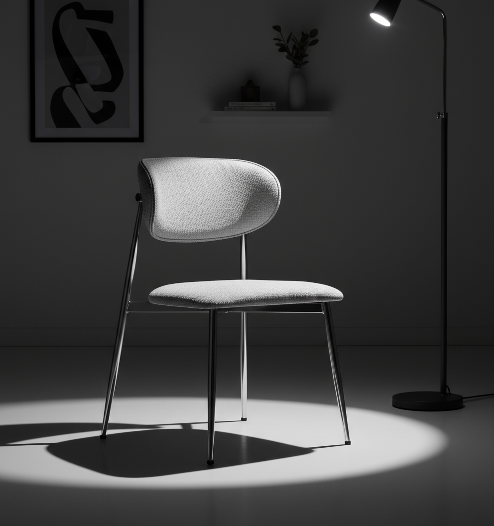 Açık Gri Bukle Döşemeli Krom Ayaklı Modern Sandalye - Aydınlık Ön Plan