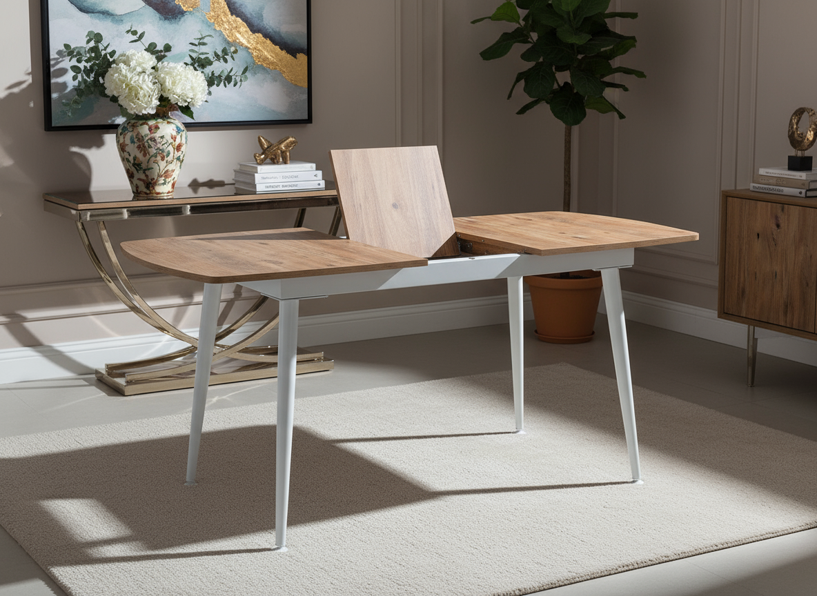 Açılabilir Ahşap Desenli Beyaz Ayaklı Masa Görseli