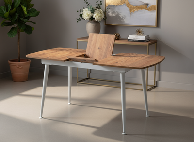 Açılabilir Ahşap Desenli Beyaz Ayaklı Masa Görseli