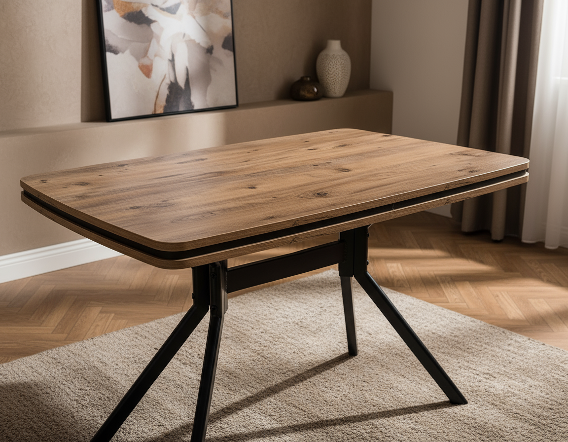 Açılabilir Ahşap Desenli Siyah Çapraz Ayaklı Masa Görseli - Yakın Çekim Detay