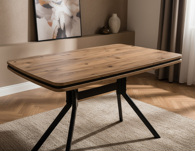 Açılabilir Ahşap Desenli Siyah Çapraz Ayaklı Masa Görseli - Yakın Çekim Detay