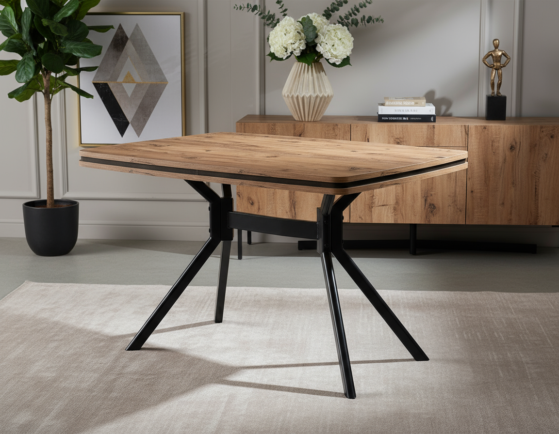 Açılabilir Ahşap Desenli Siyah Çapraz Ayaklı Masa Görseli