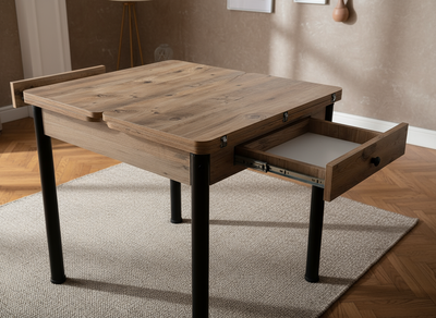 Açılabilir Ahşap Desenli Siyah Ayaklı Masa Görseli - Detay Çekim