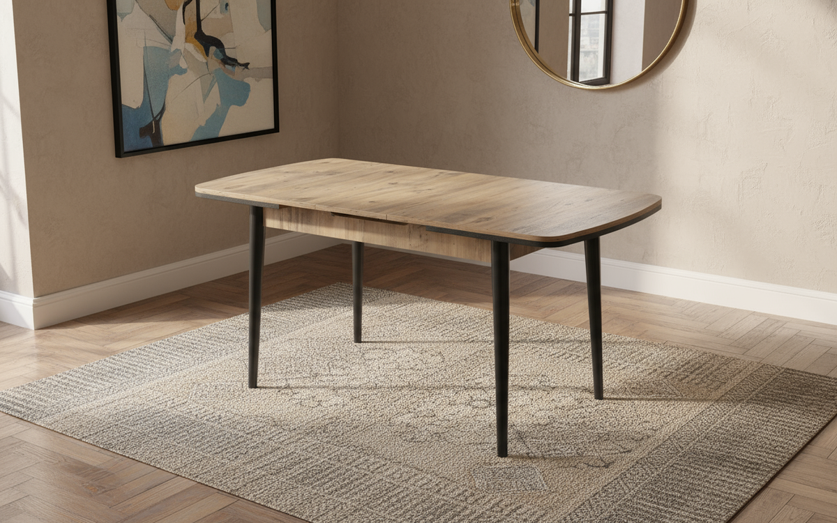 Açılabilir Ahşap Desenli Siyah Ayaklı Masa Görseli - Mat Yüzey