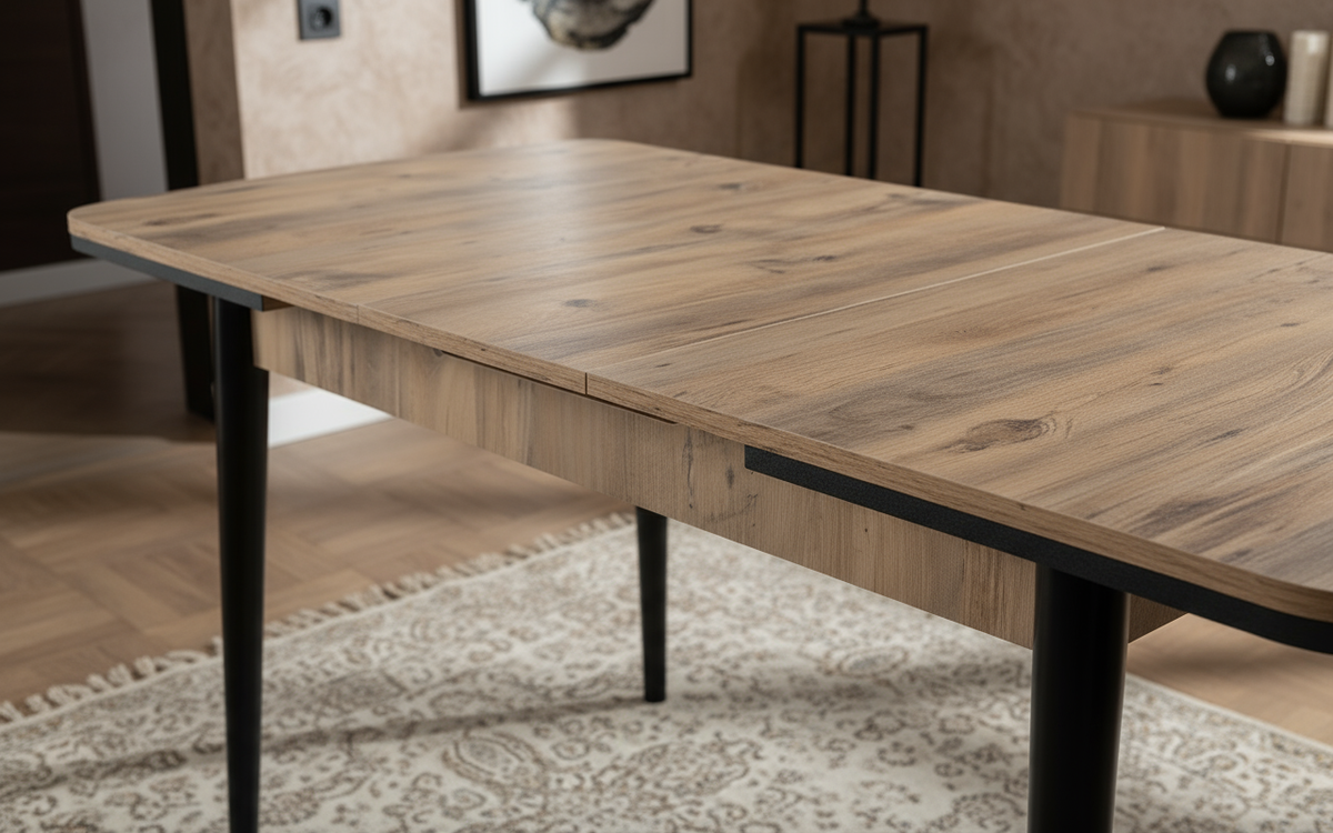 Açılabilir Ahşap Desenli Siyah Ayaklı Masa Görseli - Yakın Çekim