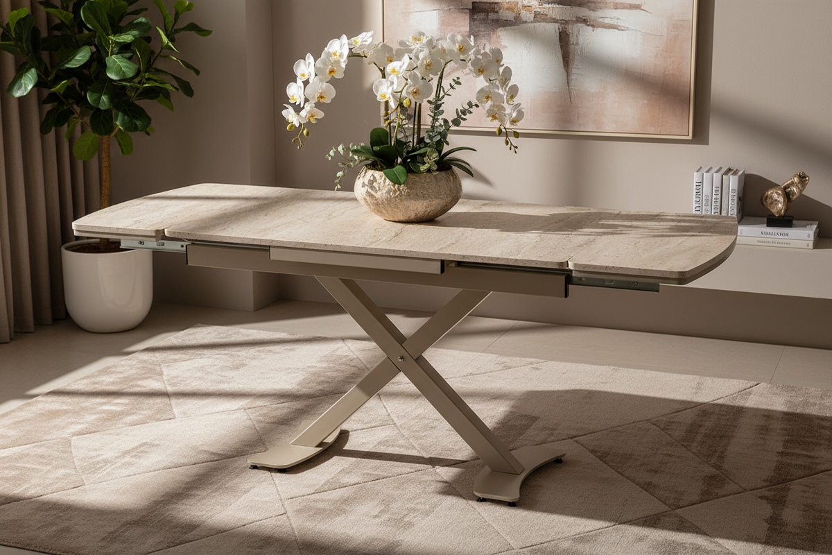 Açılabilir Bej Traverten Masa Görseli - Yüksek Açı