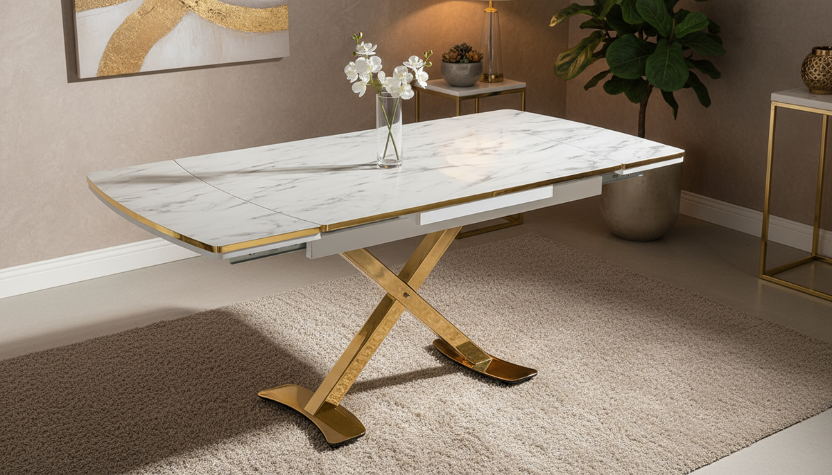Açılabilir Beyaz Mermer Altın Ayaklı Masa Görseli - Yüksek Açı