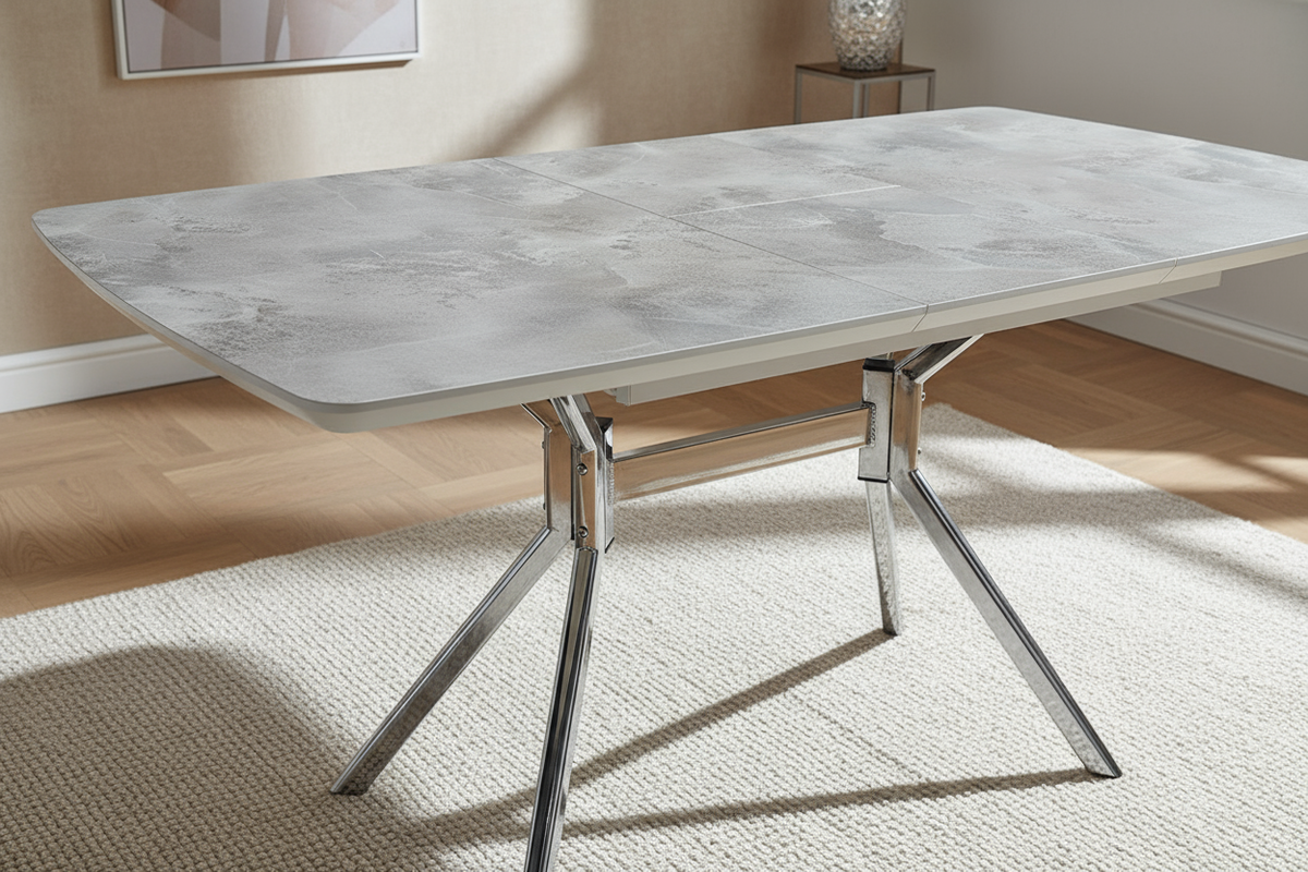 Açılabilir Beyaz Mermer Desenli Krom Çapraz Ayaklı Masa Görseli - Yakın Çekim Detay