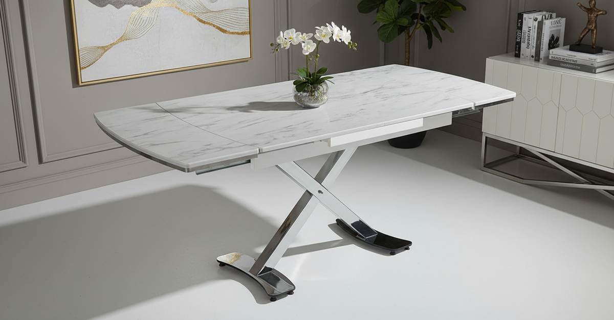 Açılabilir Beyaz Mermer Krom Ayaklı Masa Görseli - Yüksek Açı