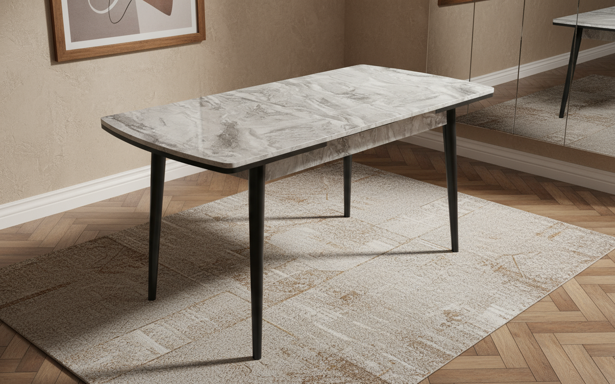 Açılabilir Beyaz Mermer Siyah Ayaklı Masa Görseli - Gerçekçi Ortam