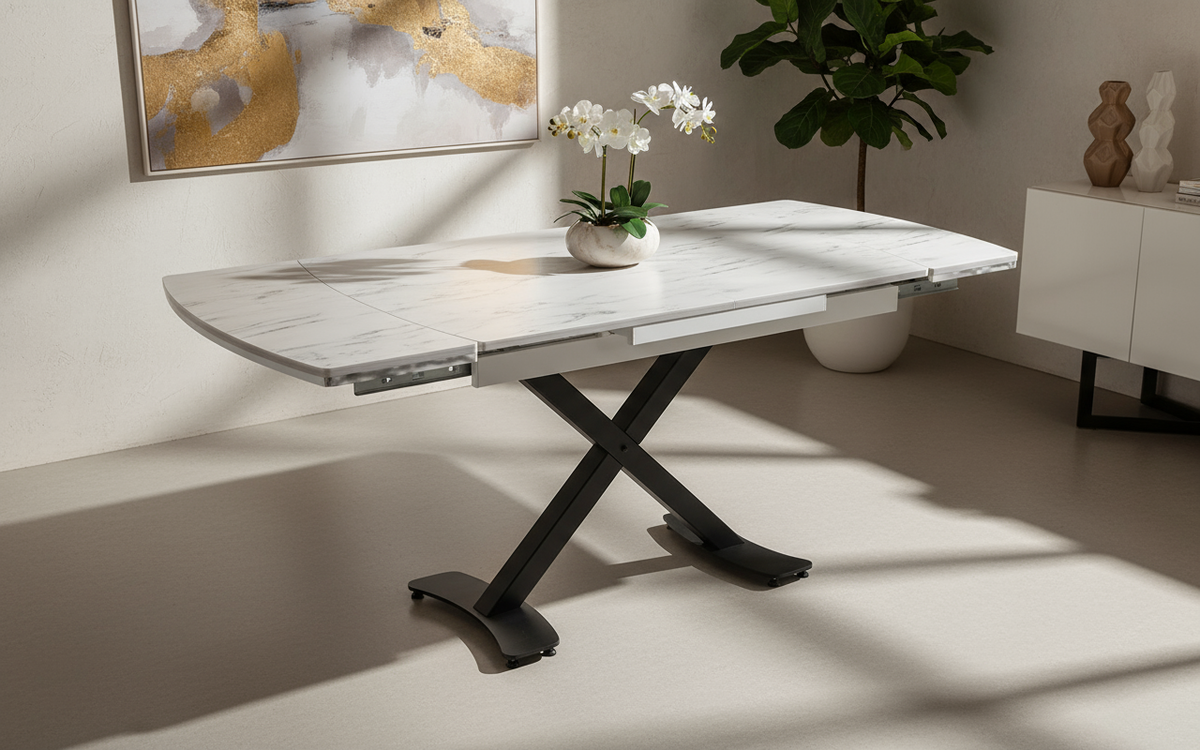 Açılabilir Beyaz Mermer Siyah Ayaklı Masa Görseli - Yüksek Açı