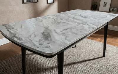 Açılabilir Beyaz Mermer Siyah Ayaklı Masa Görseli - Yakın Çekim