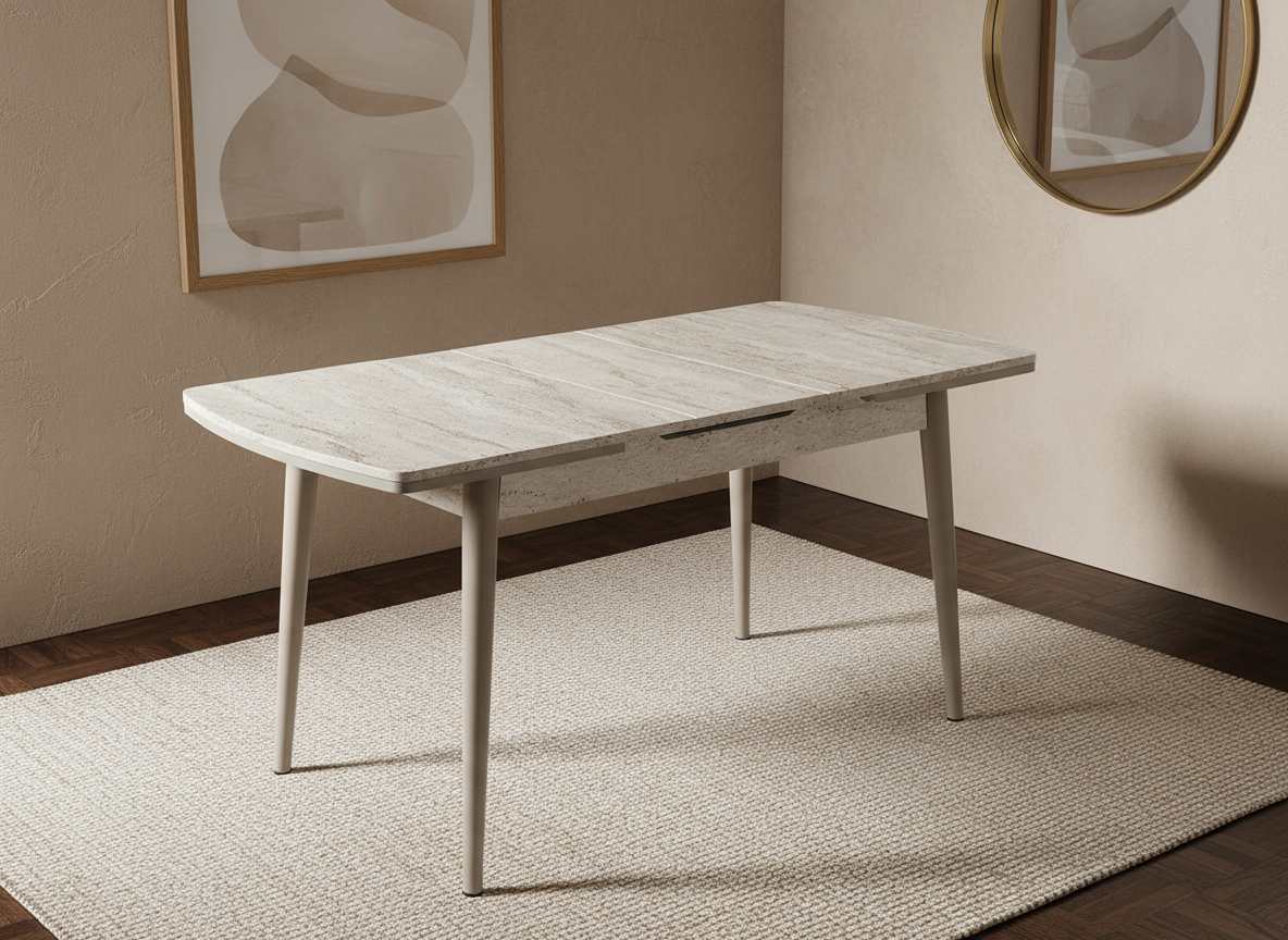 Açılabilir Traverten Desenli Bej Ayaklı Masa Görseli - Gerçekçi Ortam