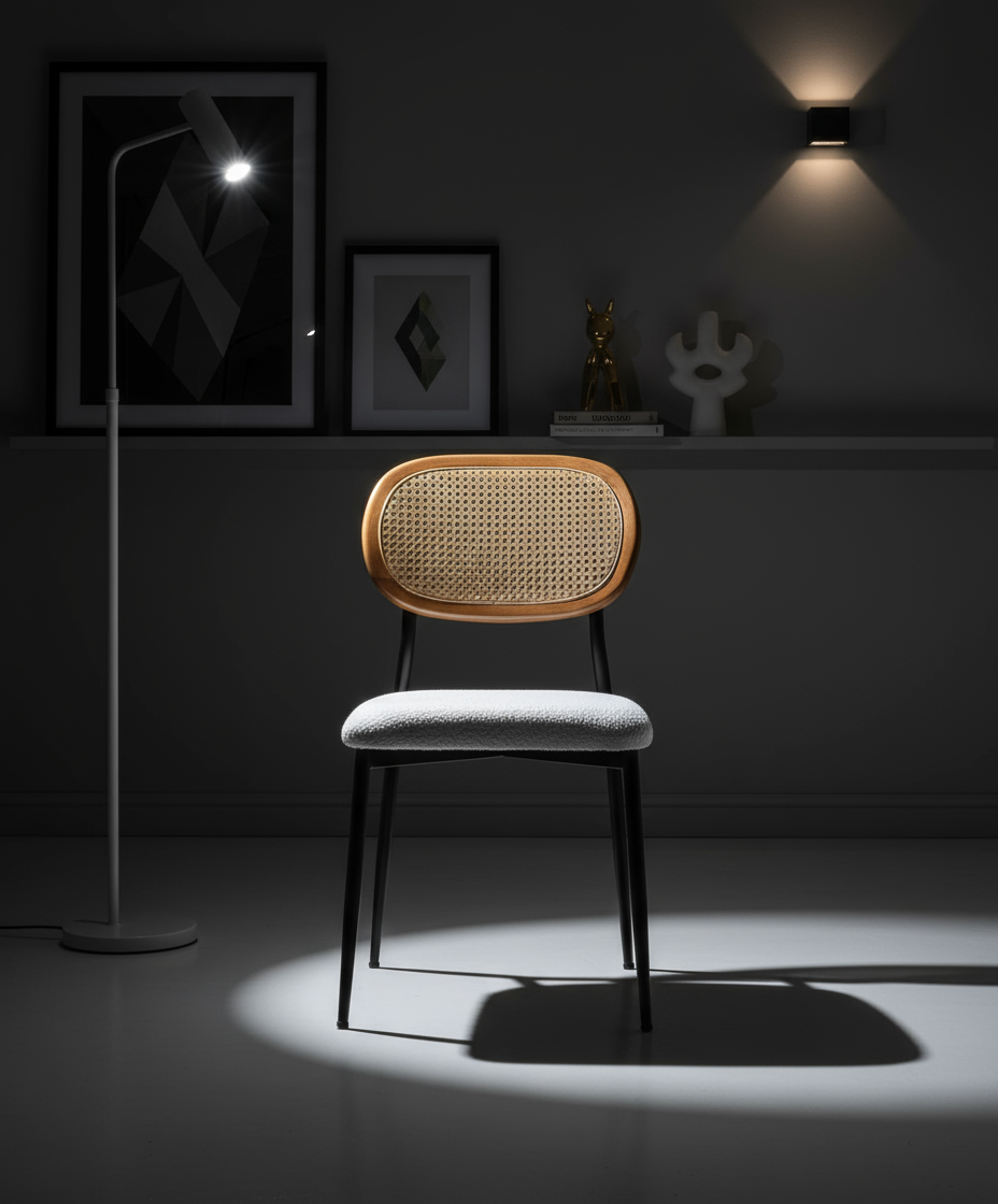 Ahşap Hasır Sırtlı Beyaz Peluş Minderli Siyah Ayaklı Sandalye - Aydınlık Ön Plan