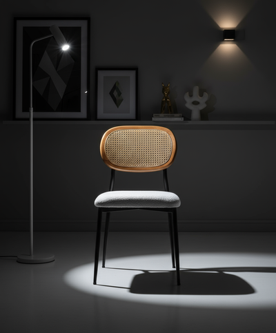 Ahşap Hasır Sırtlı Beyaz Peluş Minderli Siyah Ayaklı Sandalye - Aydınlık Ön Plan