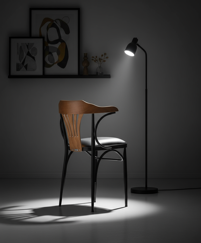 Ahşap Sırtlı Siyah Deri Döşemeli Siyah Metal Ayaklı Sandalye - Aydınlık Ön Plan