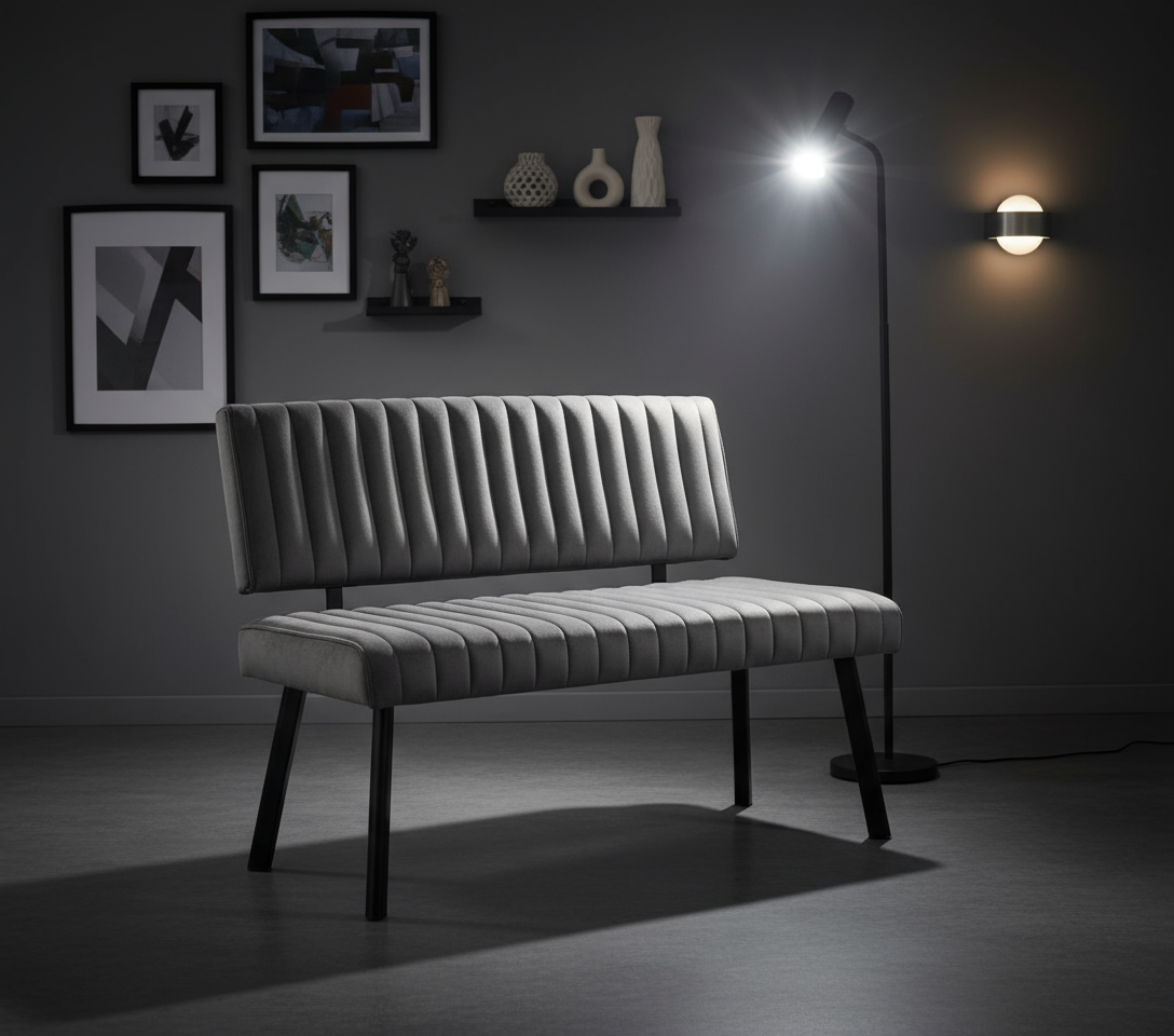 Antrasit Gri Dikey Çizgili Döşemeli Siyah Ayaklı Bench - Aydınlık Ön Plan