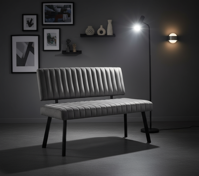 Antrasit Gri Dikey Çizgili Döşemeli Siyah Ayaklı Bench - Aydınlık Ön Plan