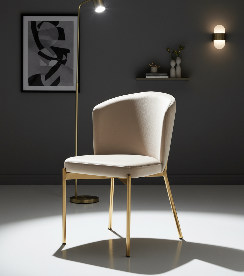 Bej Deri Döşemeli Altın Ayaklı Modern Sandalye - Aydınlık Ön Plan