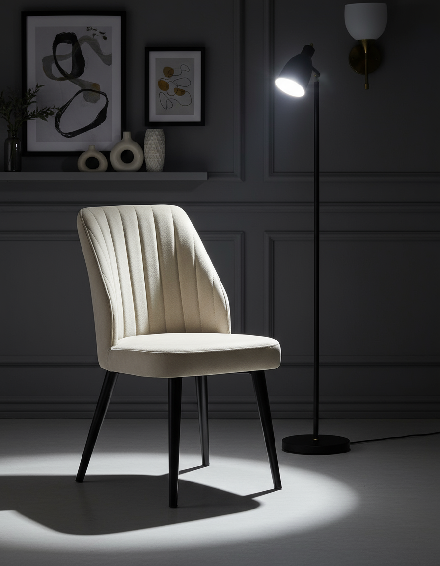 Bej Dikey Çizgili Döşemeli Siyah Ayaklı Sandalye - Aydınlık Ön Plan