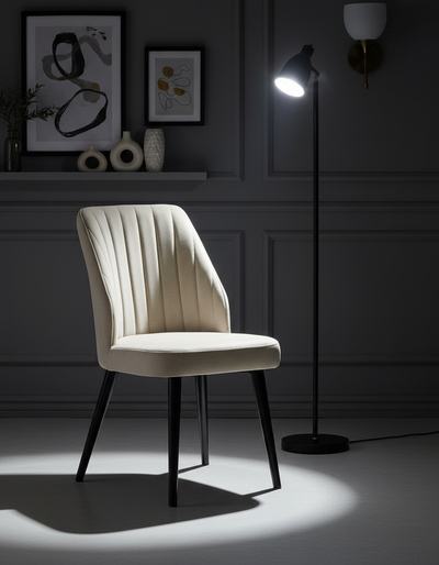 Bej Dikey Çizgili Döşemeli Siyah Ayaklı Sandalye - Aydınlık Ön Plan