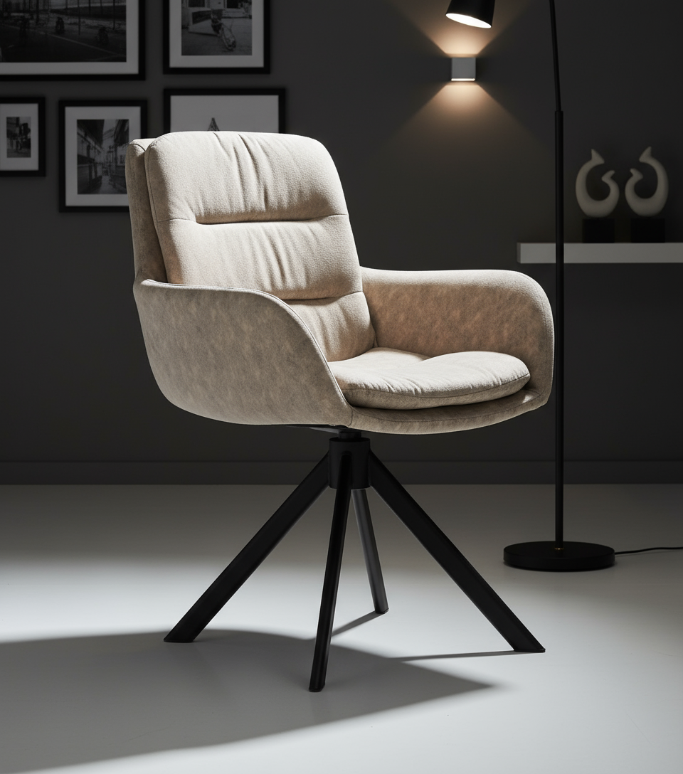 Bej Kadife Döşemeli Döner Kollu Siyah Ayaklı Sandalye - Aydınlık Ön Plan
