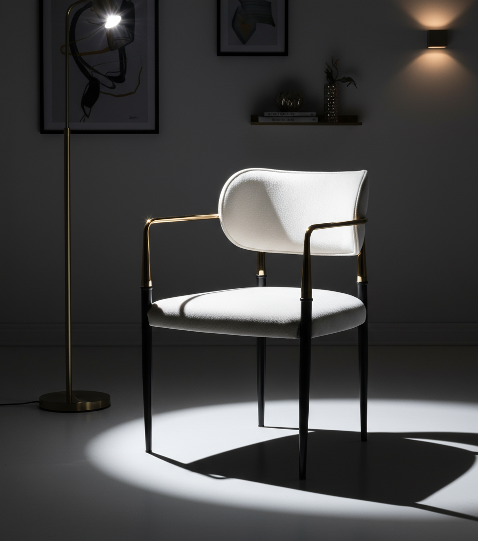 Beyaz Döşemeli Altın Kollu Siyah Ayaklı Sandalye - Aydınlık Ön Plan