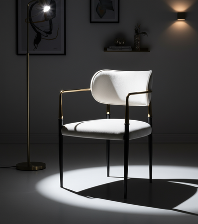 Beyaz Döşemeli Altın Kollu Siyah Ayaklı Sandalye - Aydınlık Ön Plan
