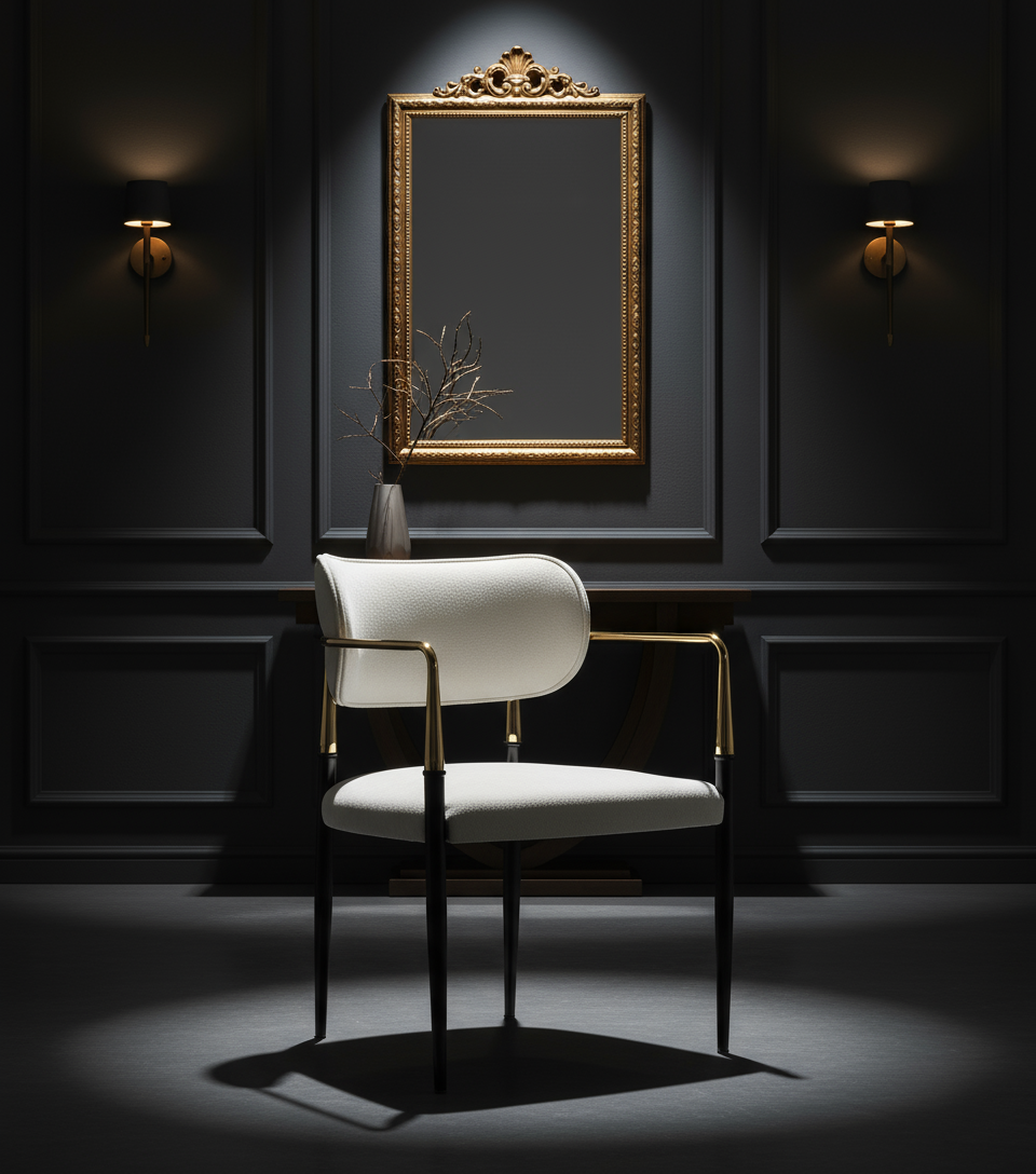 Beyaz Döşemeli Altın-Siyah Kollu Sandalye Görseli - Lüks Koyu Ton