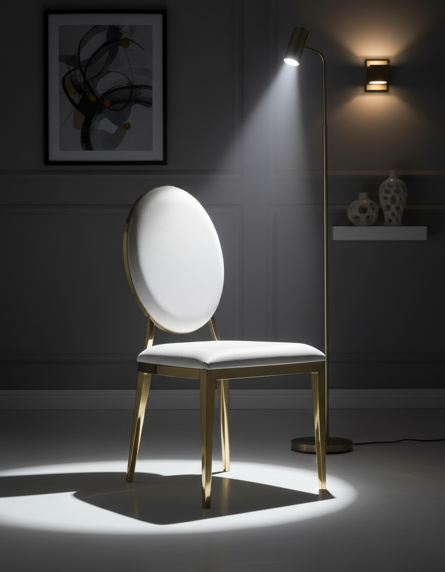 Beyaz Deri Döşemeli Altın Ayaklı Oval Sırtlı Sandalye - Aydınlık Ön Plan