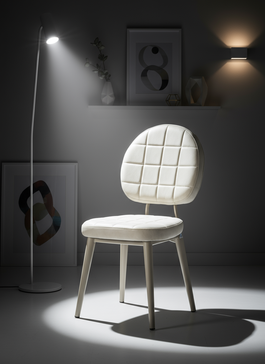 Beyaz Dikey Çizgili Döşemeli Beyaz Ayaklı Sandalye - Aydınlık Ön Plan