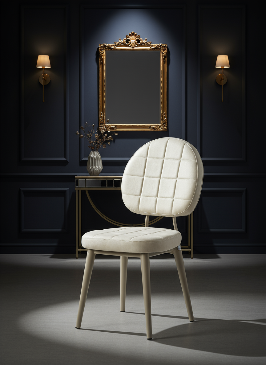 Beyaz Kapitoneli Yuvarlak Sırtlı Sandalye Görseli - Lüks Koyu Ton