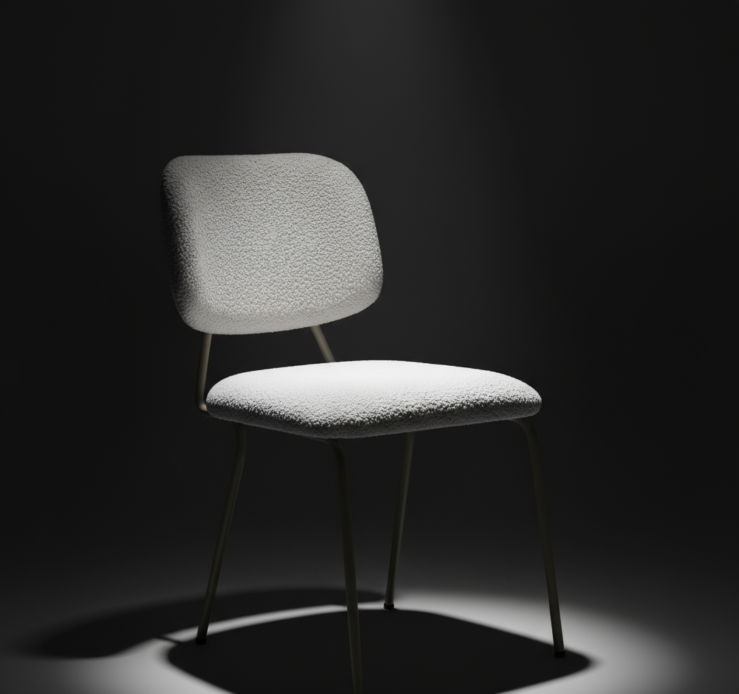 Beyaz Peluş Döşemeli Bej Ayaklı Sandalye - Karanlık Oda Spot Işık Yakın Çekim