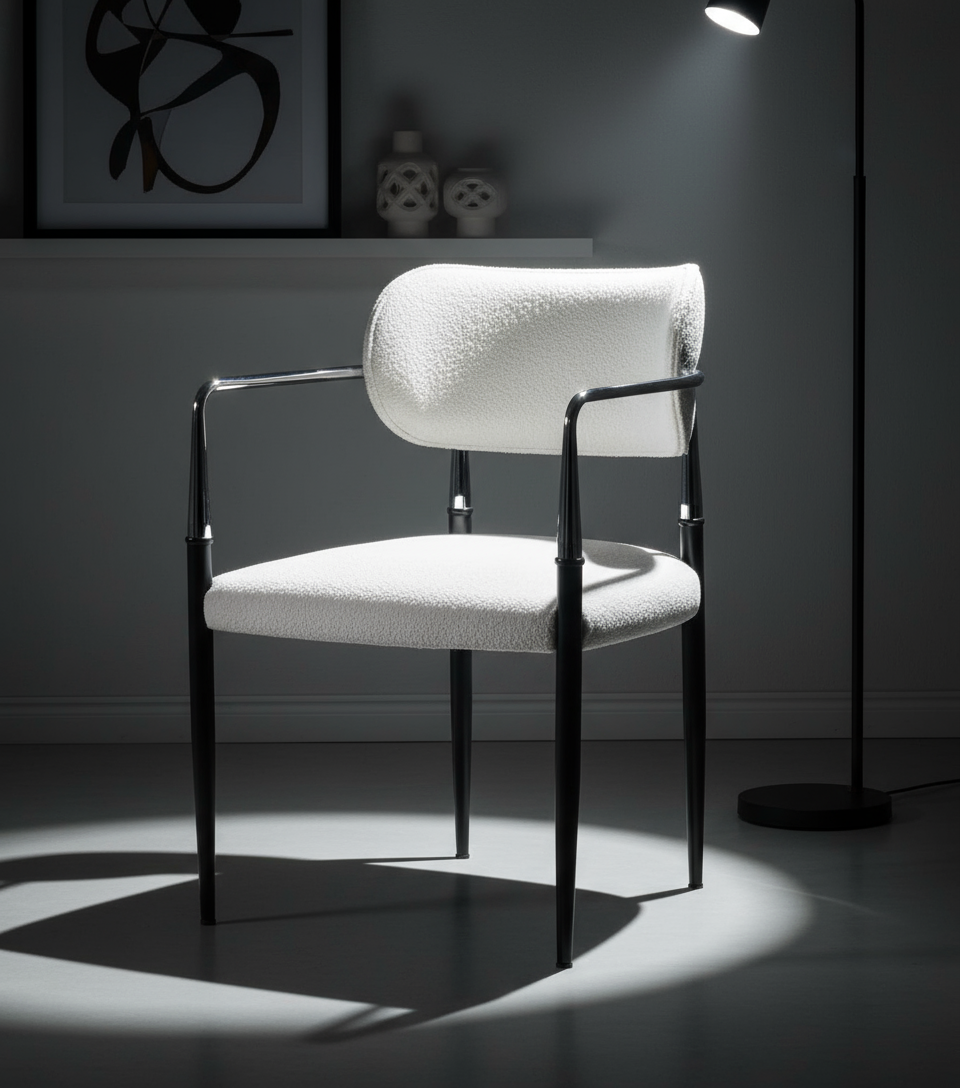 Beyaz Peluş Döşemeli Krom Kollu Siyah Ayaklı Sandalye - Aydınlık Ön Plan