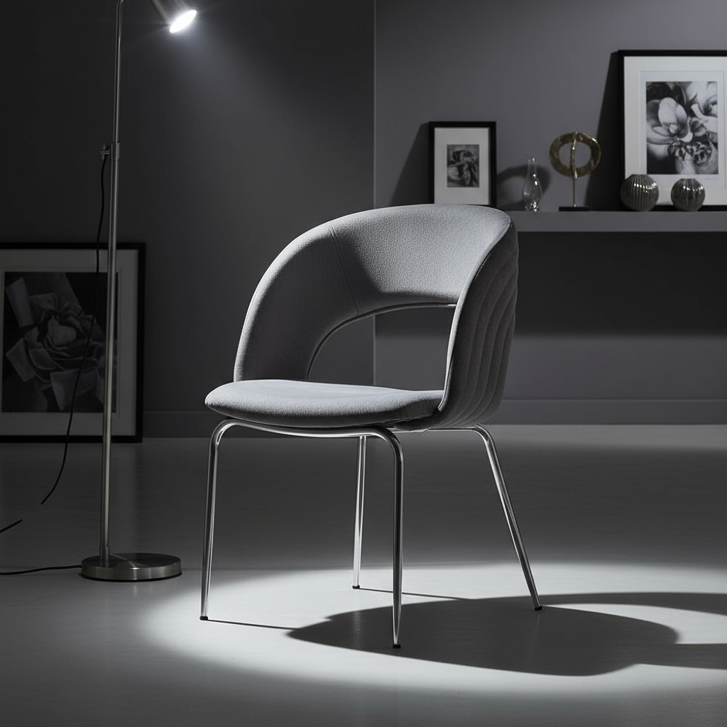Gri Döşemeli Krom Ayaklı Modern Sandalye - Aydınlık Ön Plan