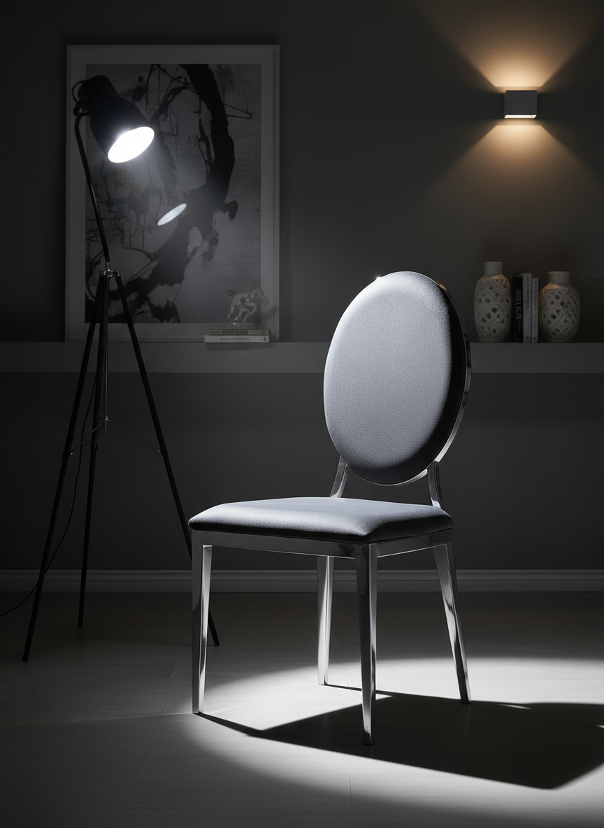 Gri Döşemeli Krom Ayaklı Oval Sırtlı Sandalye - Aydınlık Ön Plan