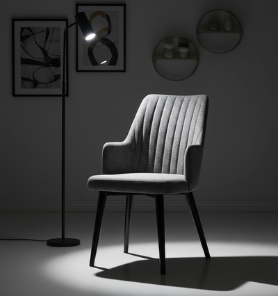 Gri Dikey Çizgili Döşemeli Siyah Ayaklı Kollu Sandalye - Aydınlık Ön Plan