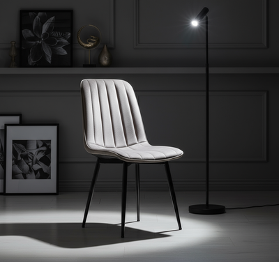 Gri Dikey Çizgili Döşemeli Siyah Ayaklı Modern Sandalye - Aydınlık Ön Plan