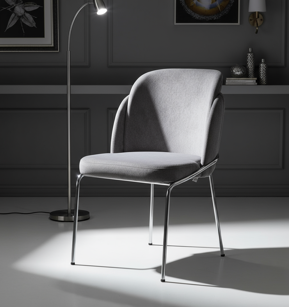 Gri Kadife Döşemeli Krom Ayaklı Modern Sandalye - Aydınlık Ön Plan