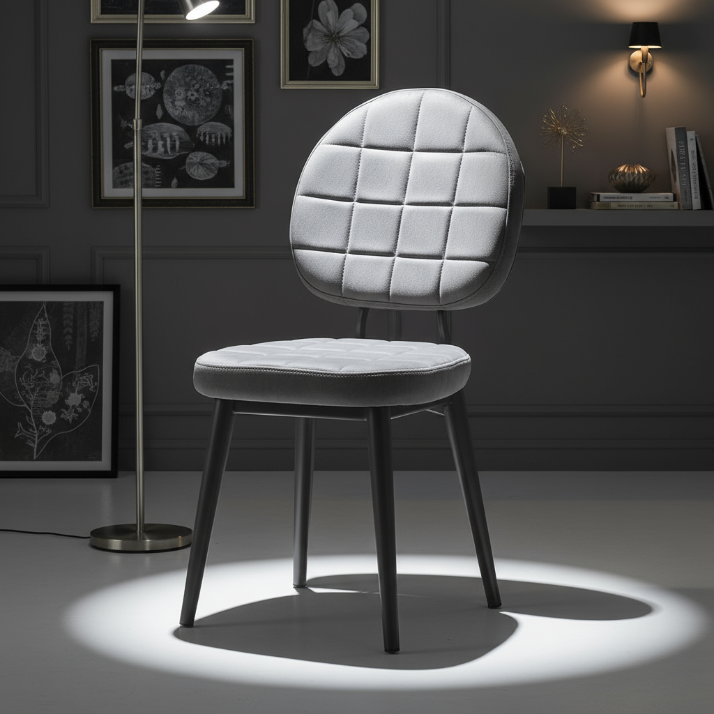 Gri Kadife Kapitone Desenli Gri Ayaklı Sandalye - Aydınlık Ön Plan
