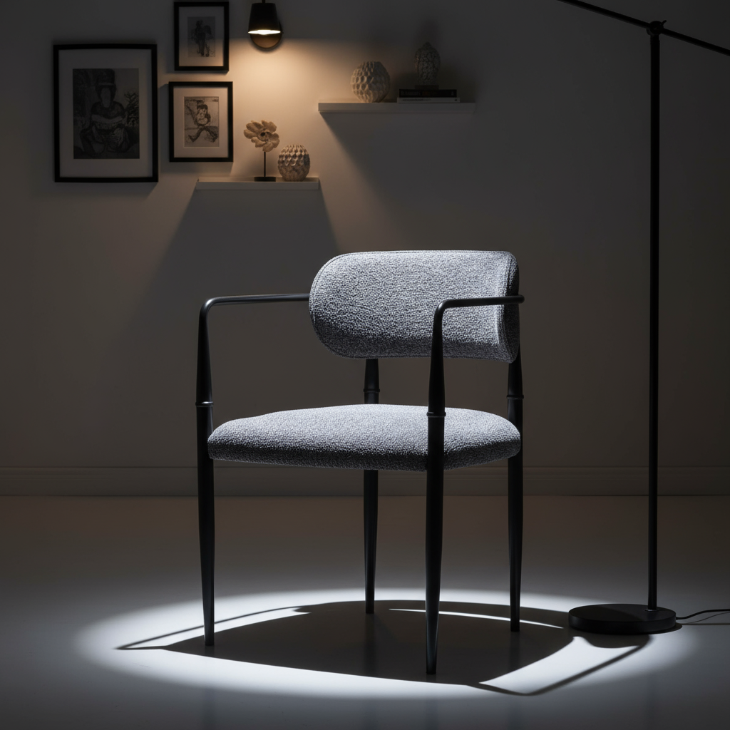 Gri Peluş Döşemeli Siyah Kollu Sandalye - Aydınlık Ön Plan Beyaz Işık