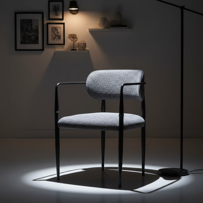 Gri Peluş Döşemeli Siyah Kollu Sandalye - Aydınlık Ön Plan Beyaz Işık