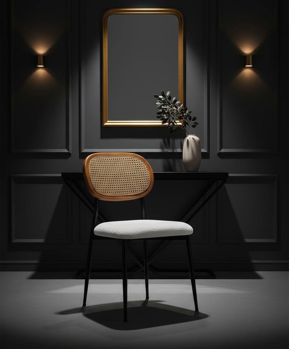 Hasır Sırtlı Beyaz Peluş Oturmalı Siyah Ayaklı Sandalye Görseli - Lüks Koyu Ton