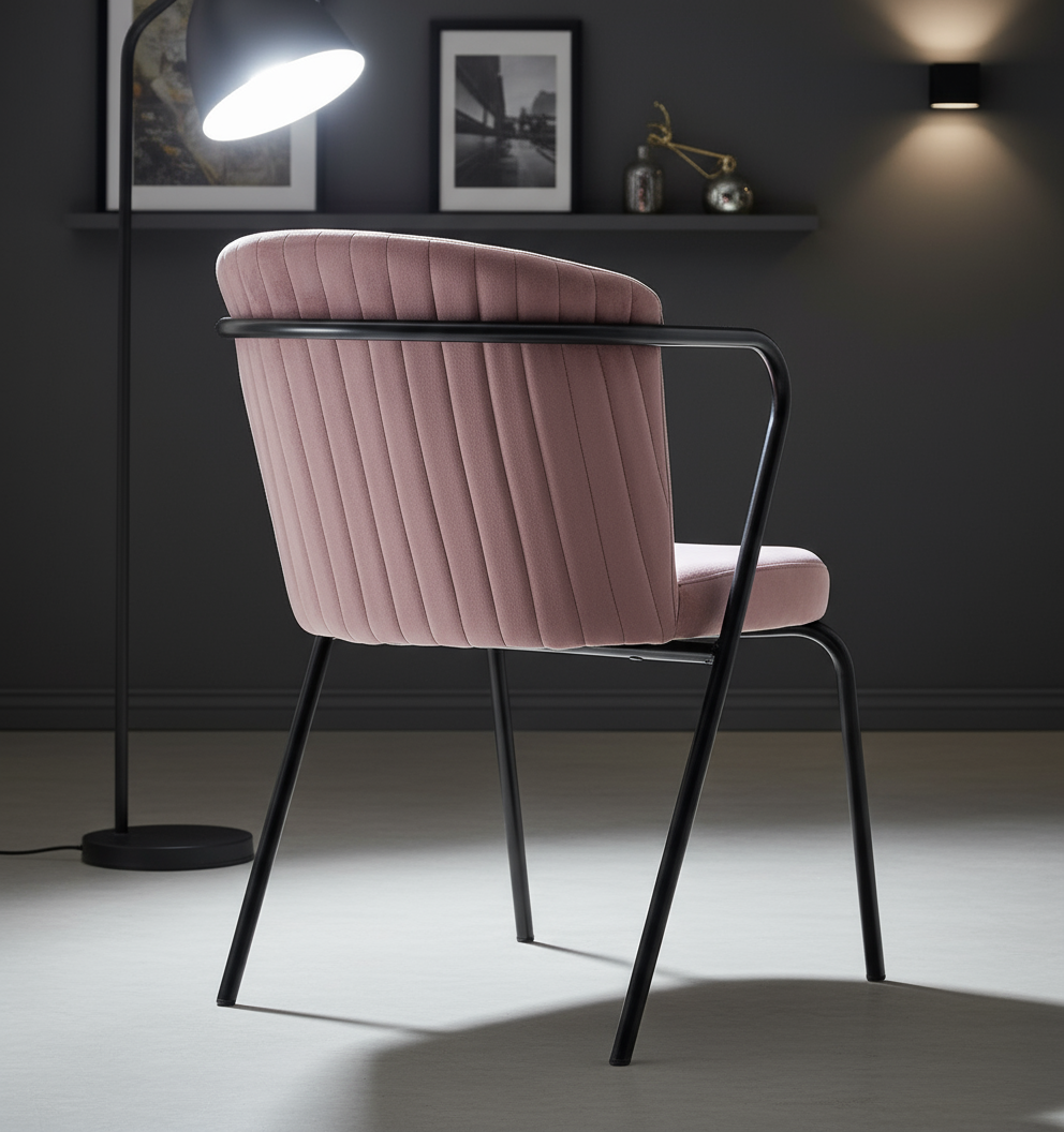 Pudra Rengi Dikey Çizgili Döşemeli Siyah Kollu Sandalye - Aydınlık Ön Plan