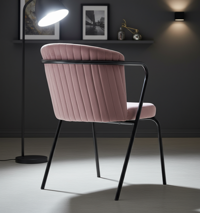 Pudra Rengi Dikey Çizgili Döşemeli Siyah Kollu Sandalye - Aydınlık Ön Plan