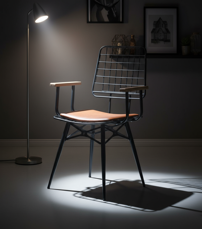 Siyah Metal Izgara Sırtlı Ahşap Kollu Taba Minderli Endüstriyel Sandalye - Aydınlık Ön Plan