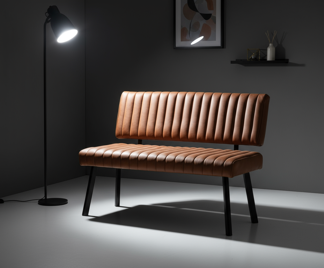 Taba Rengi Dikey Çizgili Döşemeli Siyah Ayaklı Bench - Aydınlık Ön Plan