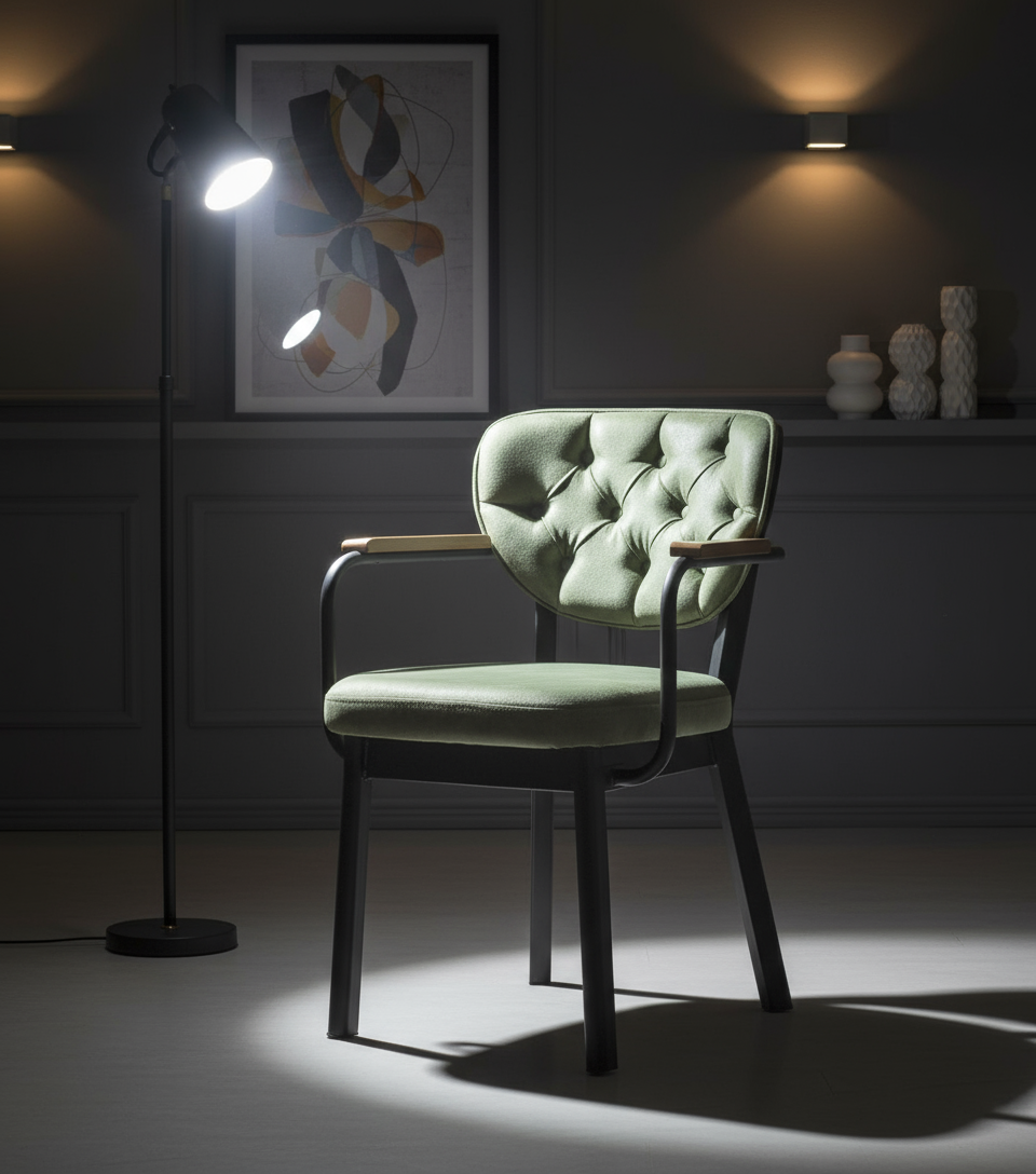 Yeşil Kapitone Döşemeli Ahşap Kollu Siyah Ayaklı Sandalye - Aydınlık Ön Plan