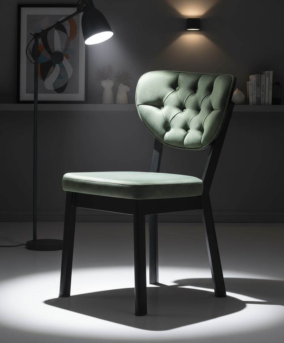 Yeşil Kapitone Döşemeli Siyah Ayaklı Sandalye - Aydınlık Ön Plan