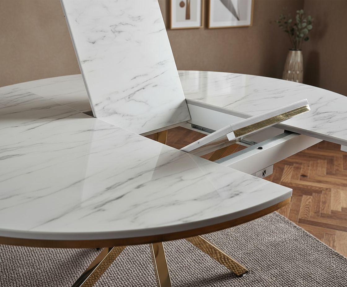 Yuvarlak Açılabilir Beyaz Mermer Altın Ayaklı Masa Görseli - Yakın Çekim